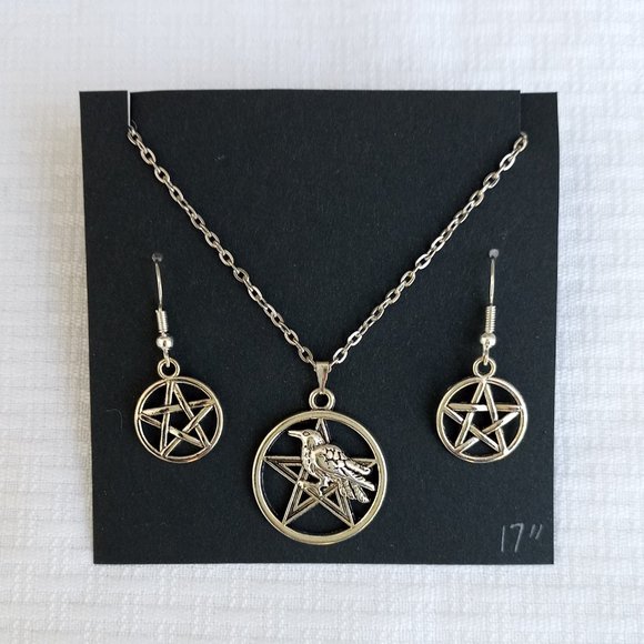 Pentagram Crow 17" Necklace & Earrings Jewelry set - Picture 1 of 3